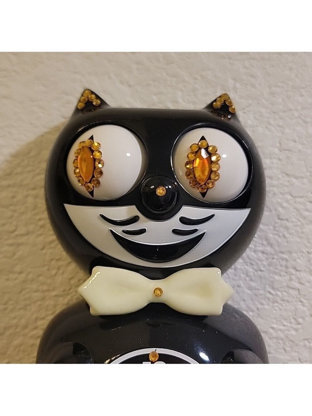 Jeweled Black Kit-Cat Klock with GLOW IN THE DARK BOWTIE & two tails RARE CLOCK